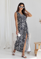 Sukienka midi z rozcięciem w zebrę Wild Vine biało-czarna