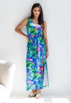 Wzorzysta sukienka midi z rozcięciem Wild Vine niebiesko-zielona
