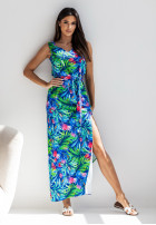 Wzorzysta sukienka midi z rozcięciem Wild Vine niebiesko-zielona