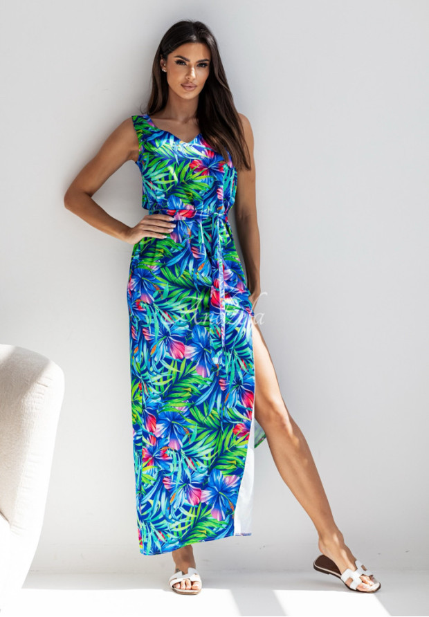 Wzorzysta sukienka maxi z rozcięciem Wild Vine niebiesko-zielona