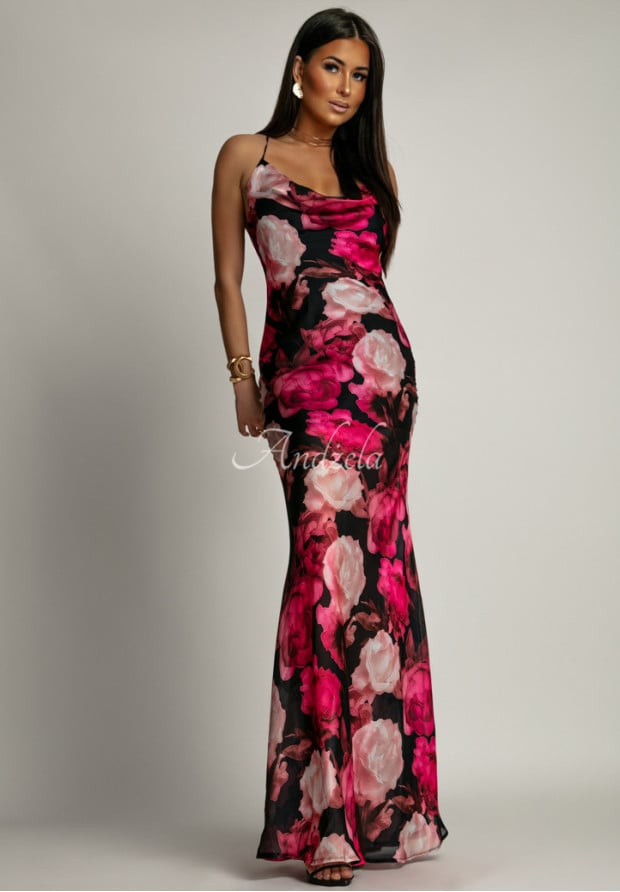 Kwiecista sukienka maxi na ramiączkach La Milla Savage Shimmer czarno-różowa