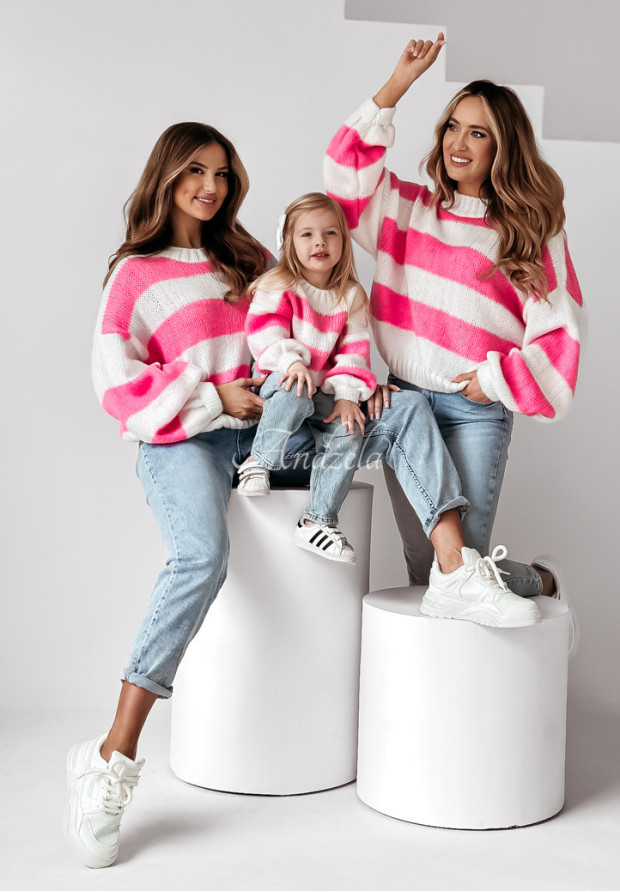 Dziecięcy sweter oversize w paski Cute Duo biało-różowy