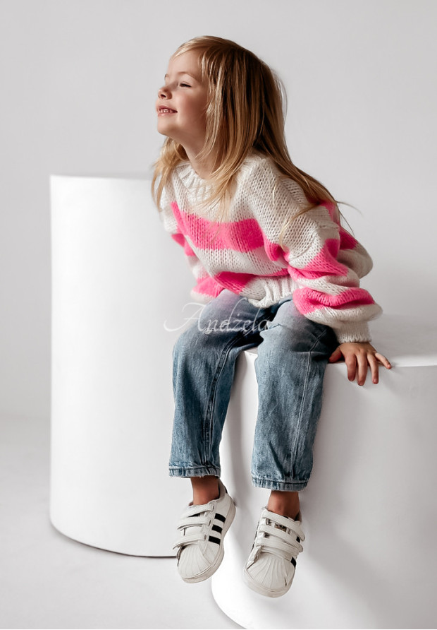 Dziecięcy sweter oversize w paski Cute Duo biało-różowy