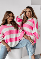 Sweter oversize w paski Cute Duo biało-różowy