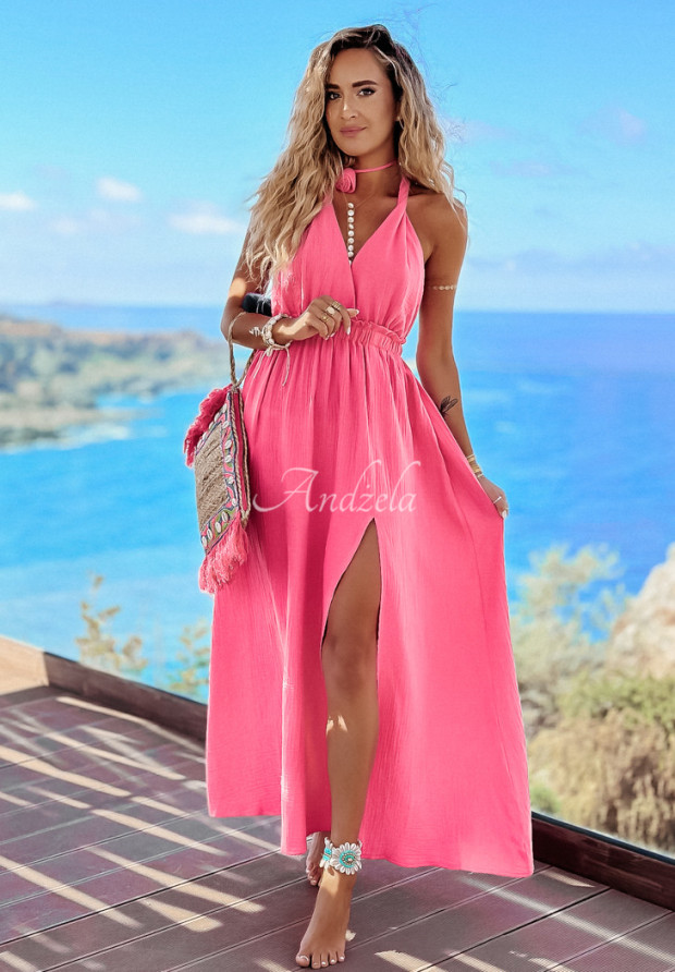 Muślinowa sukienka maxi z rozcięciem Aloha Beaches różowa