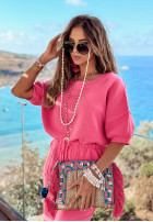 Krótka muślinowa bluzka z bufkami Aloha Beaches różowa