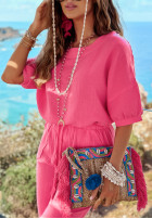 Krótka muślinowa bluzka z bufkami Aloha Beaches różowa