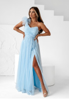 Asymetryczna tiulowa sukienka maxi Elegant Tonic błękitna