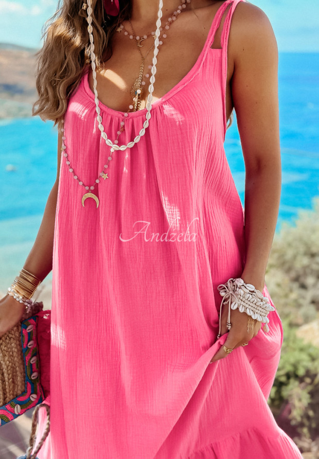 Muślinowa sukienka na ramiączkach maxi Aloha Beaches II różowa