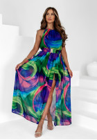 Wzorzysta sukienka maxi Tropical Born zielono-kobaltowa