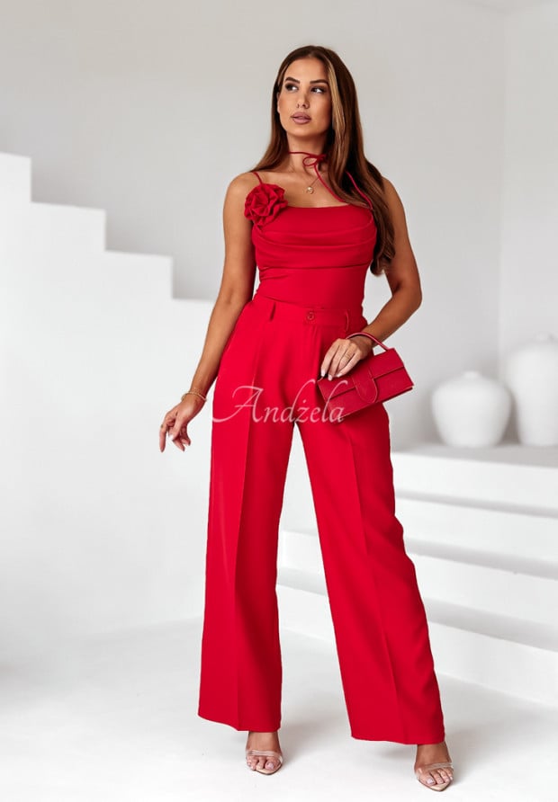 Elegancki komplet spodnie wide leg i body Femme Rossita czerwony