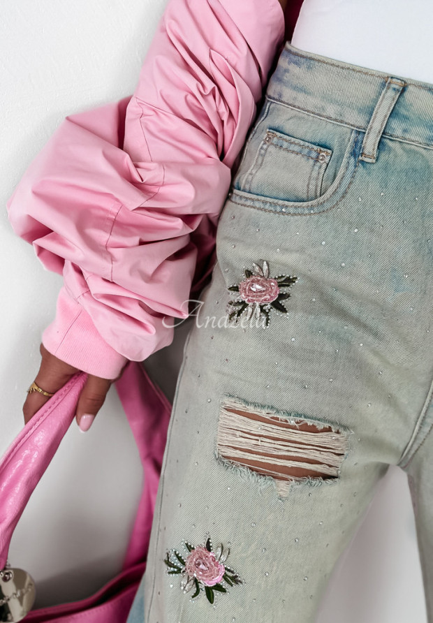 Spodnie jeansowe wide leg z przetarciami Rose Drops jasnoniebieskie
