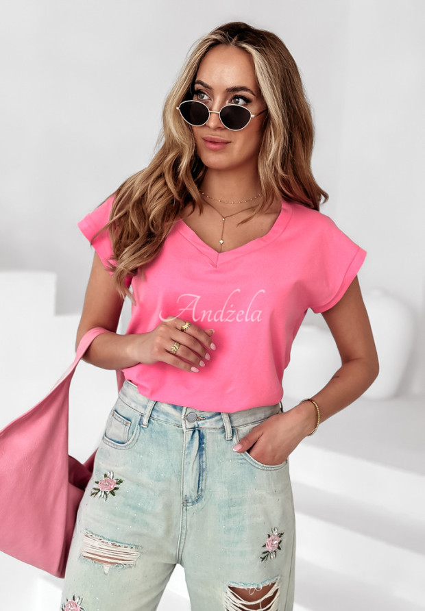 T-shirt V-neck różowy