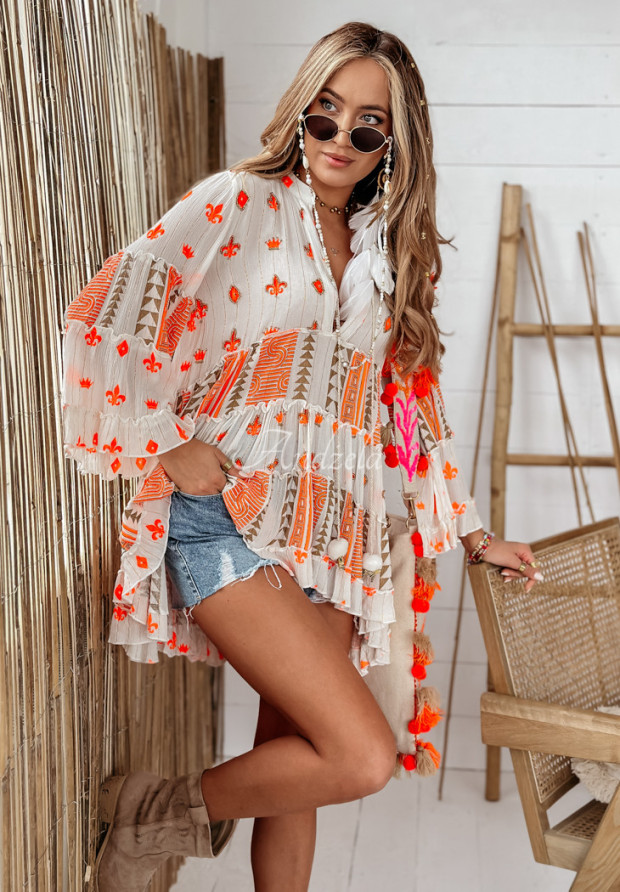 Bluzka tunika oversize z falbankami Summer Solstice pomarańczowa