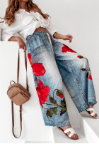 Materiałowe spodnie wide leg we wzory Poppy View niebieskie
