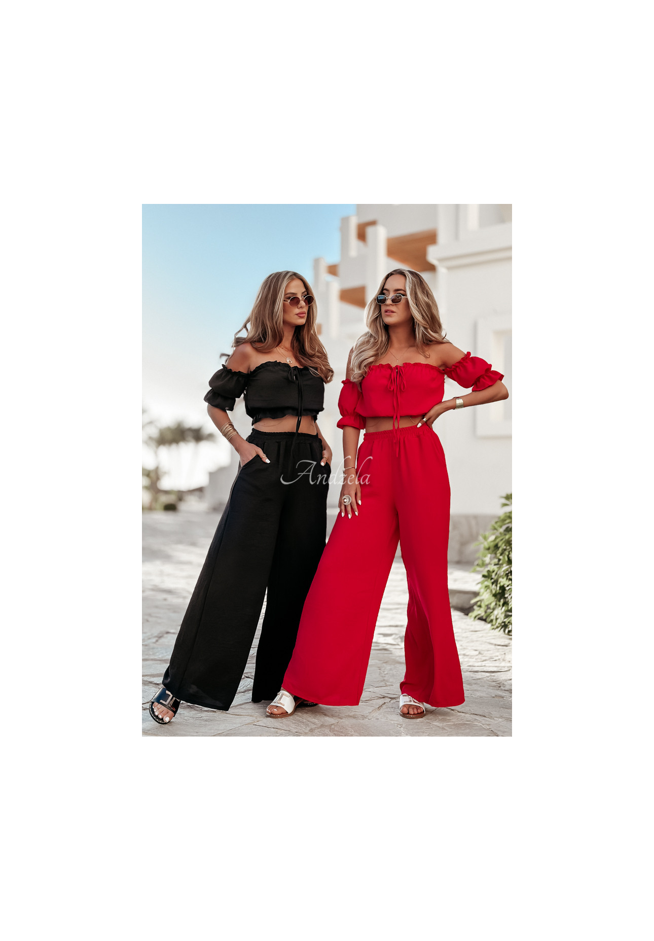 Komplet bluzka hiszpanka i spodnie wide leg Sublime Waves czarny