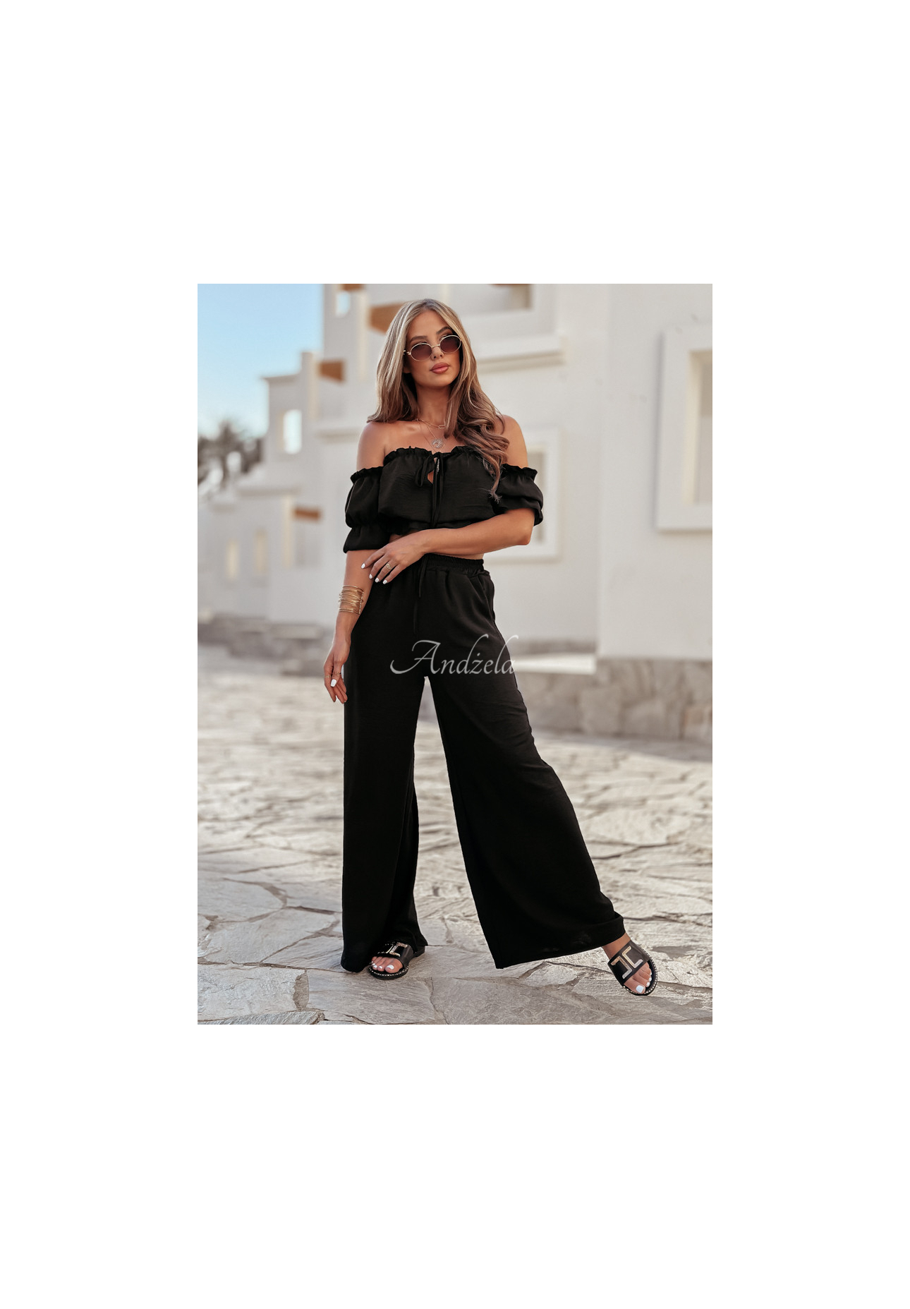 Set of spangled blouse and wide leg pants Sublime Waves black