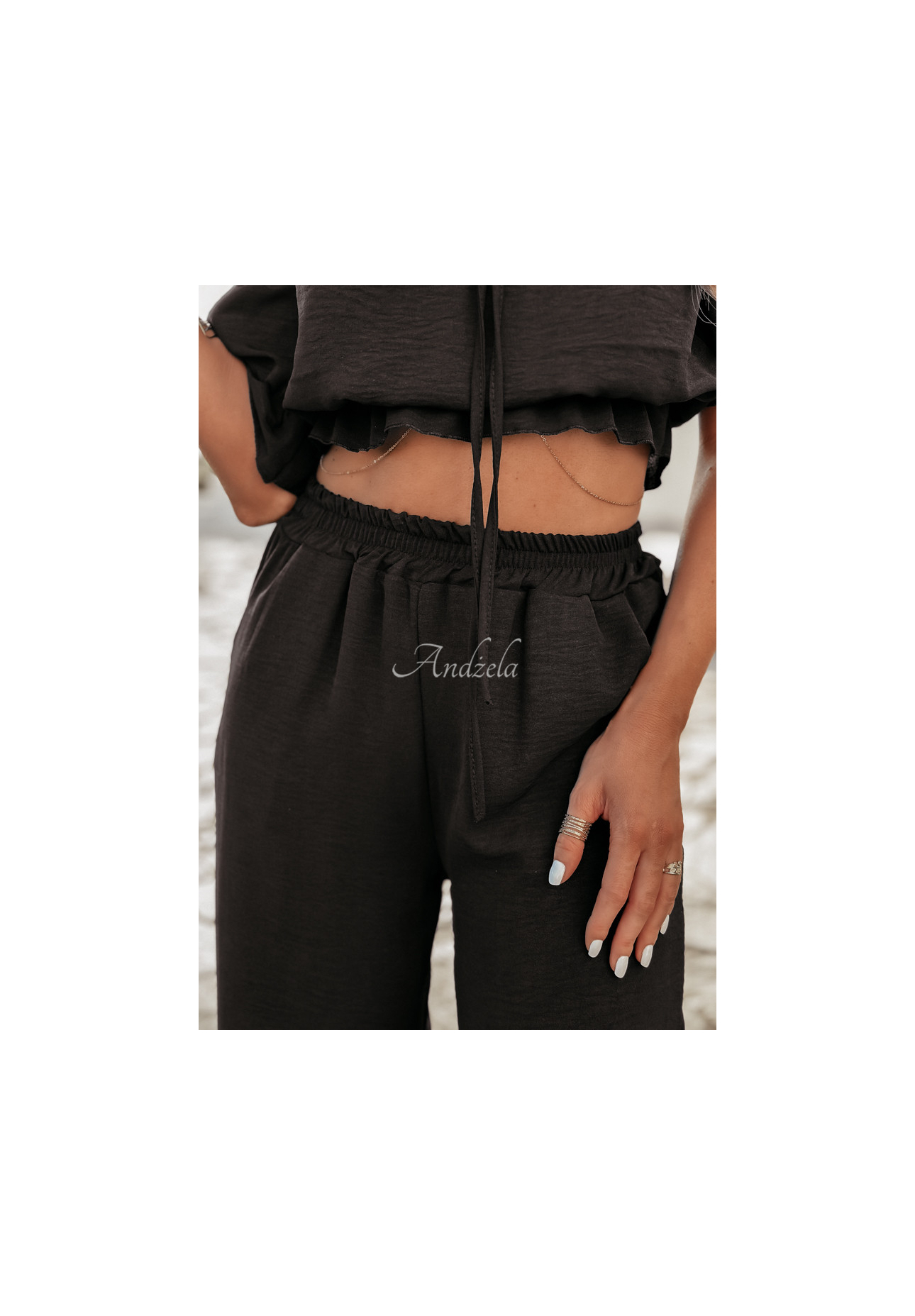 Komplet bluzka hiszpanka i spodnie wide leg Sublime Waves czarny