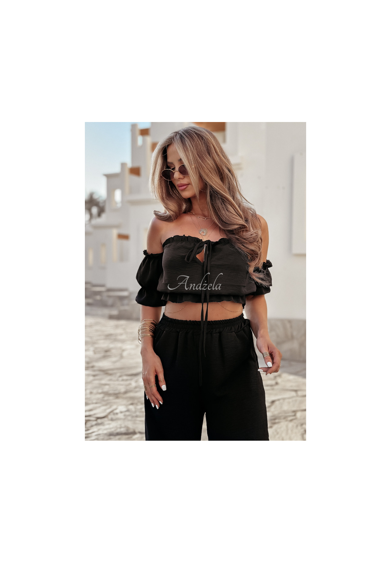 Komplet bluzka hiszpanka i spodnie wide leg Sublime Waves czarny