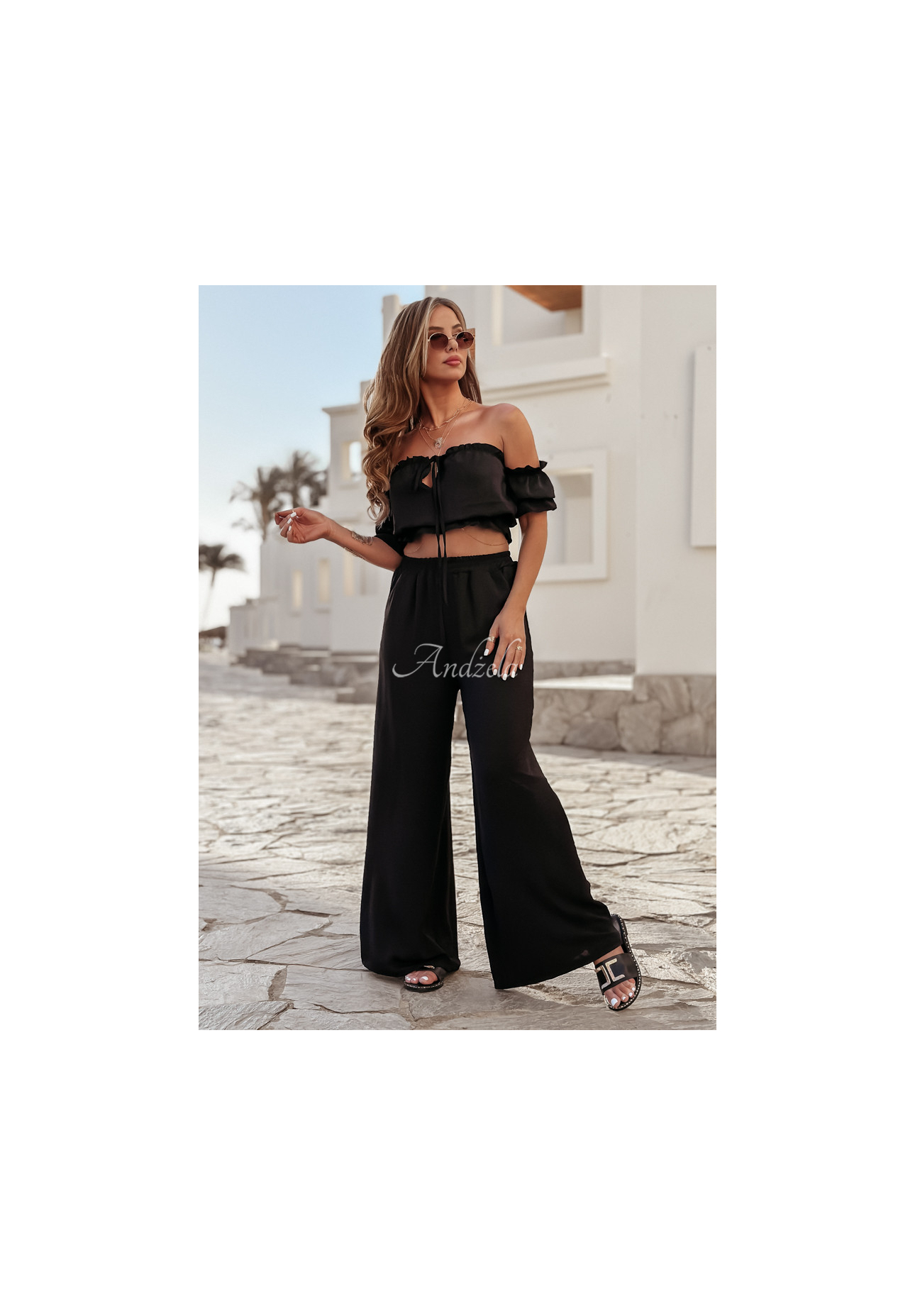 Komplet bluzka hiszpanka i spodnie wide leg Sublime Waves czarny