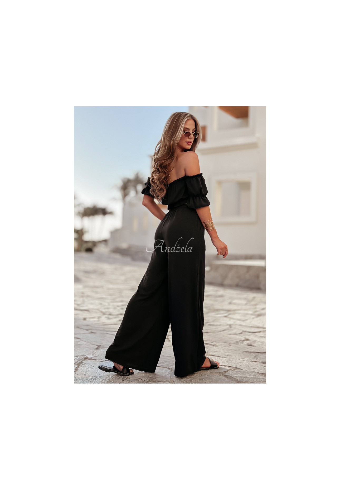 Komplet bluzka hiszpanka i spodnie wide leg Sublime Waves czarny