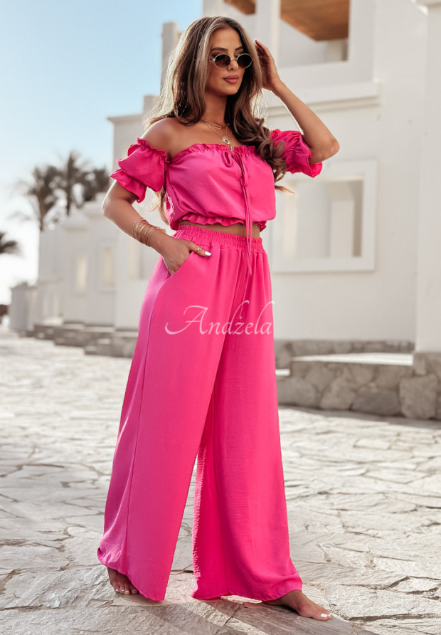 Komplet bluzka hiszpanka i spodnie wide leg Sublime Waves różowy