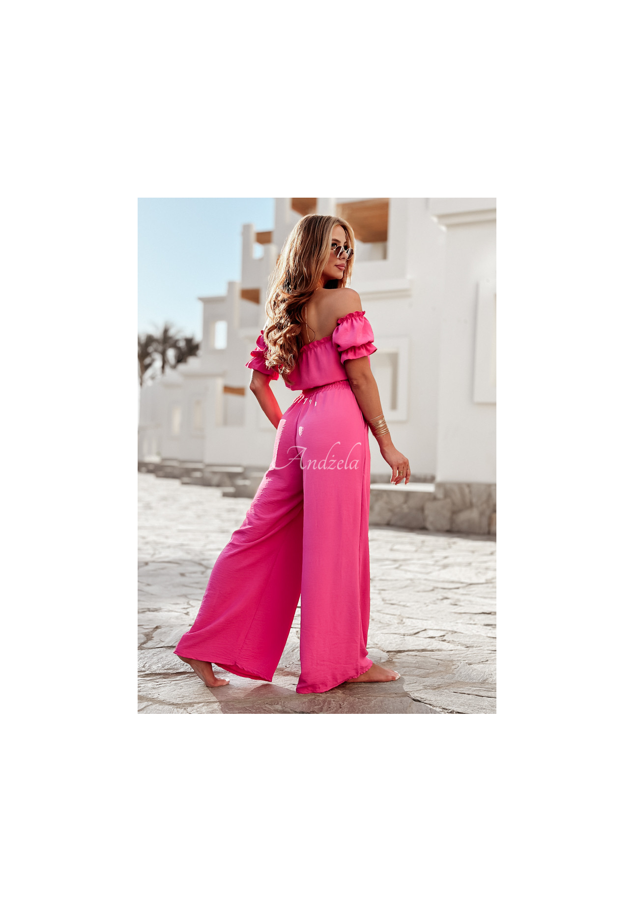 Komplet bluzka hiszpanka i spodnie wide leg Sublime Waves różowy