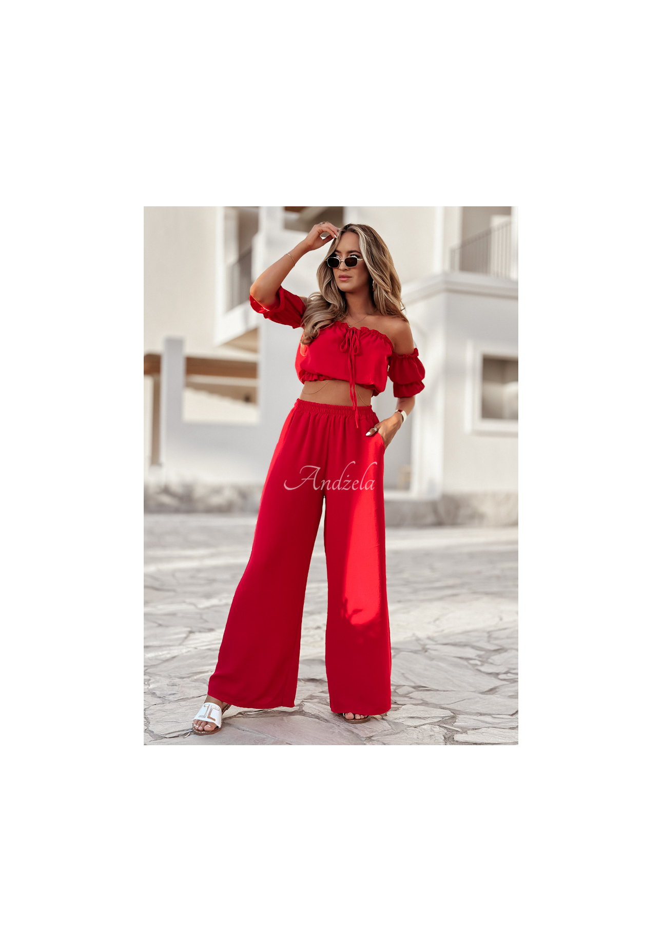 Set of Spanish blouse and wide leg pants Sublime Waves red