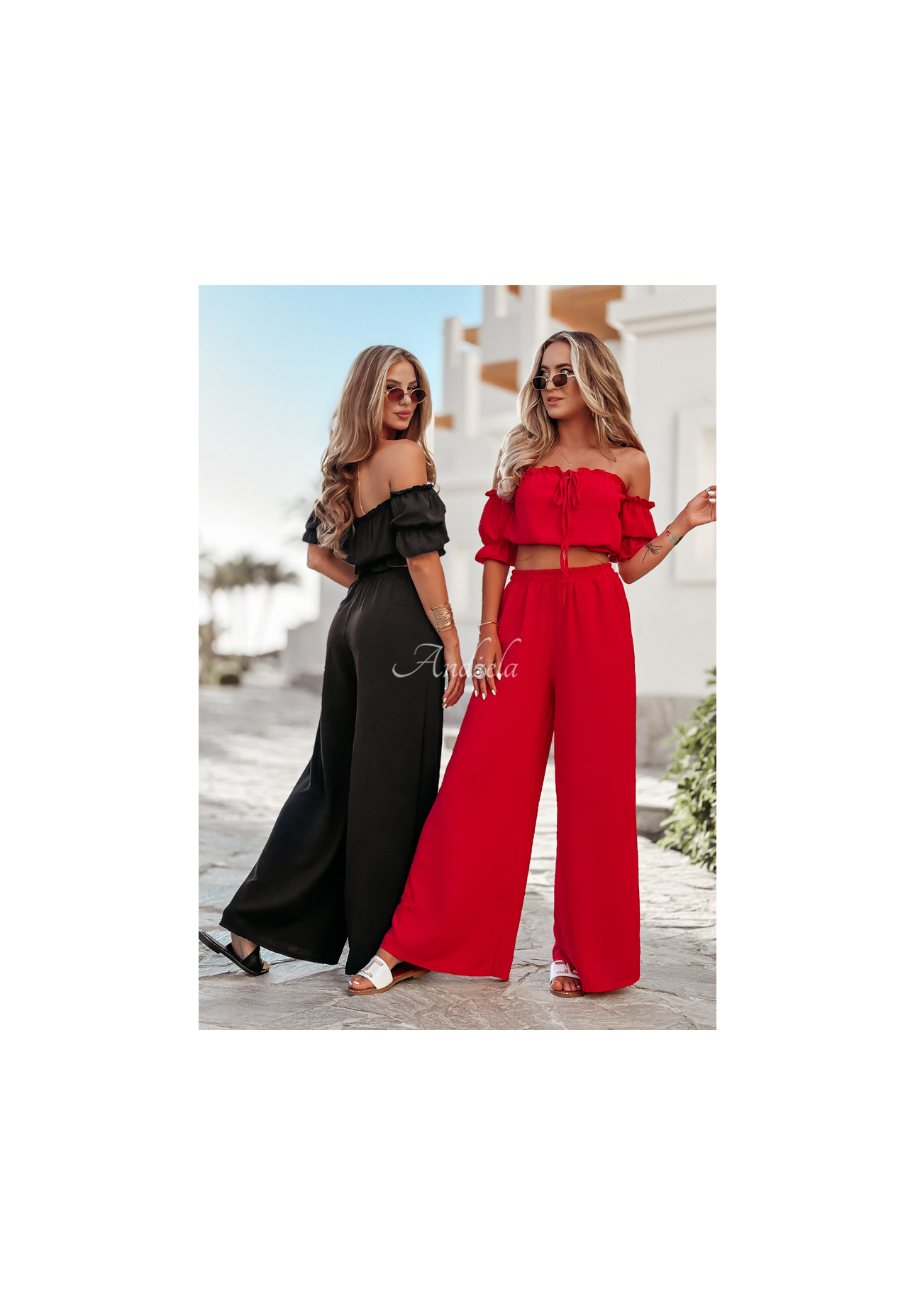 Komplet bluzka hiszpanka i spodnie wide leg Sublime Waves czerwony