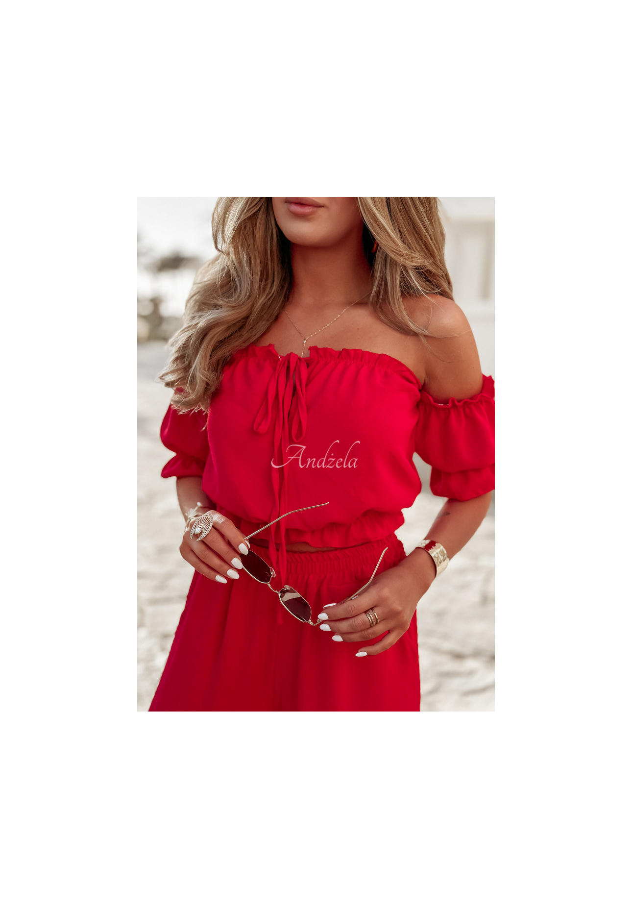 Set of Spanish blouse and wide leg pants Sublime Waves red