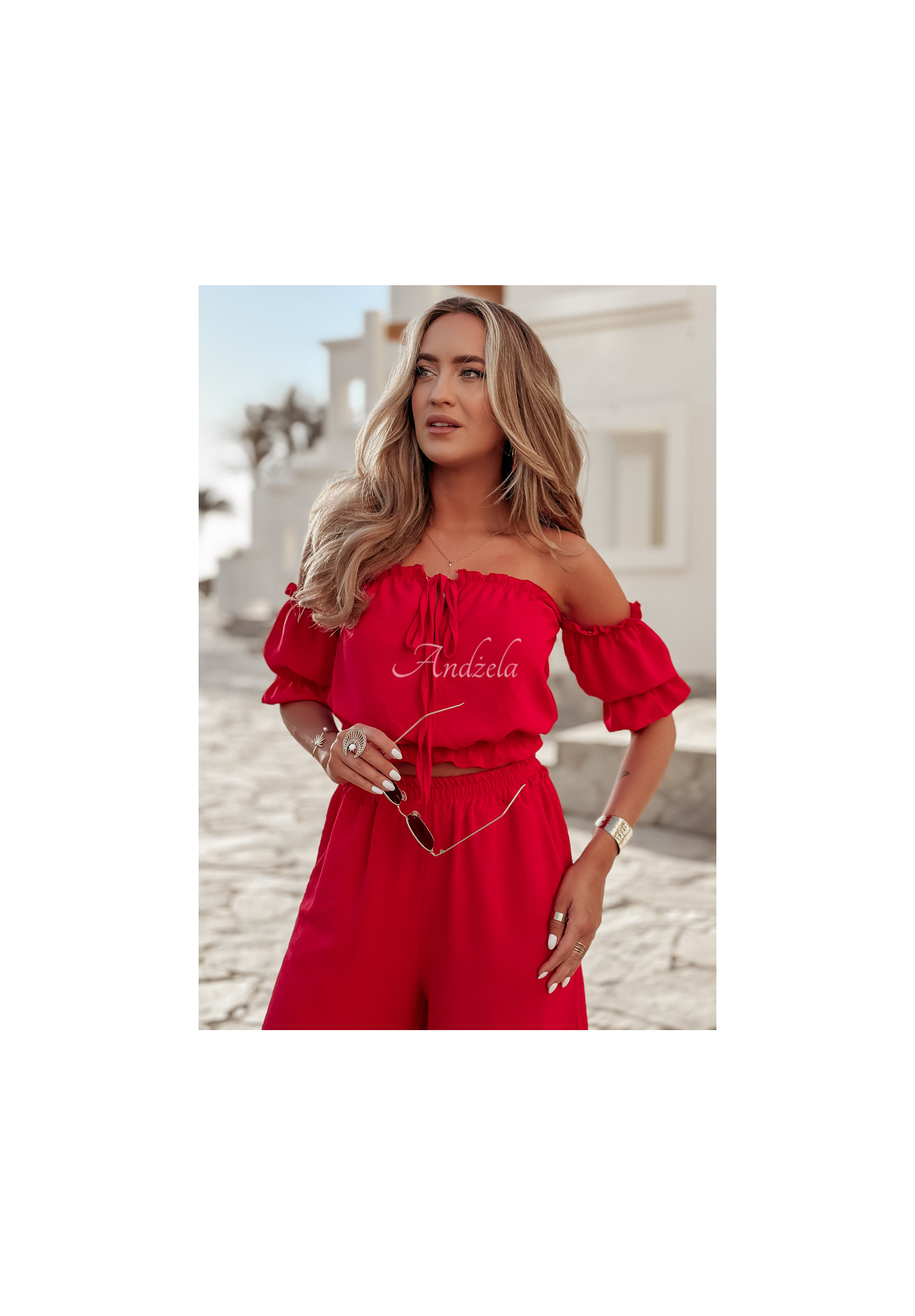 Set of Spanish blouse and wide leg pants Sublime Waves red