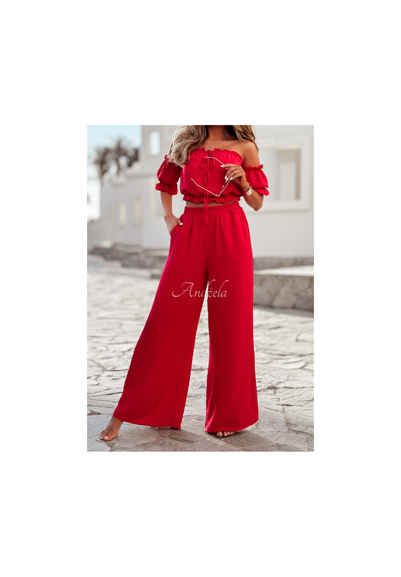 Set of Spanish blouse and wide leg pants Sublime Waves red