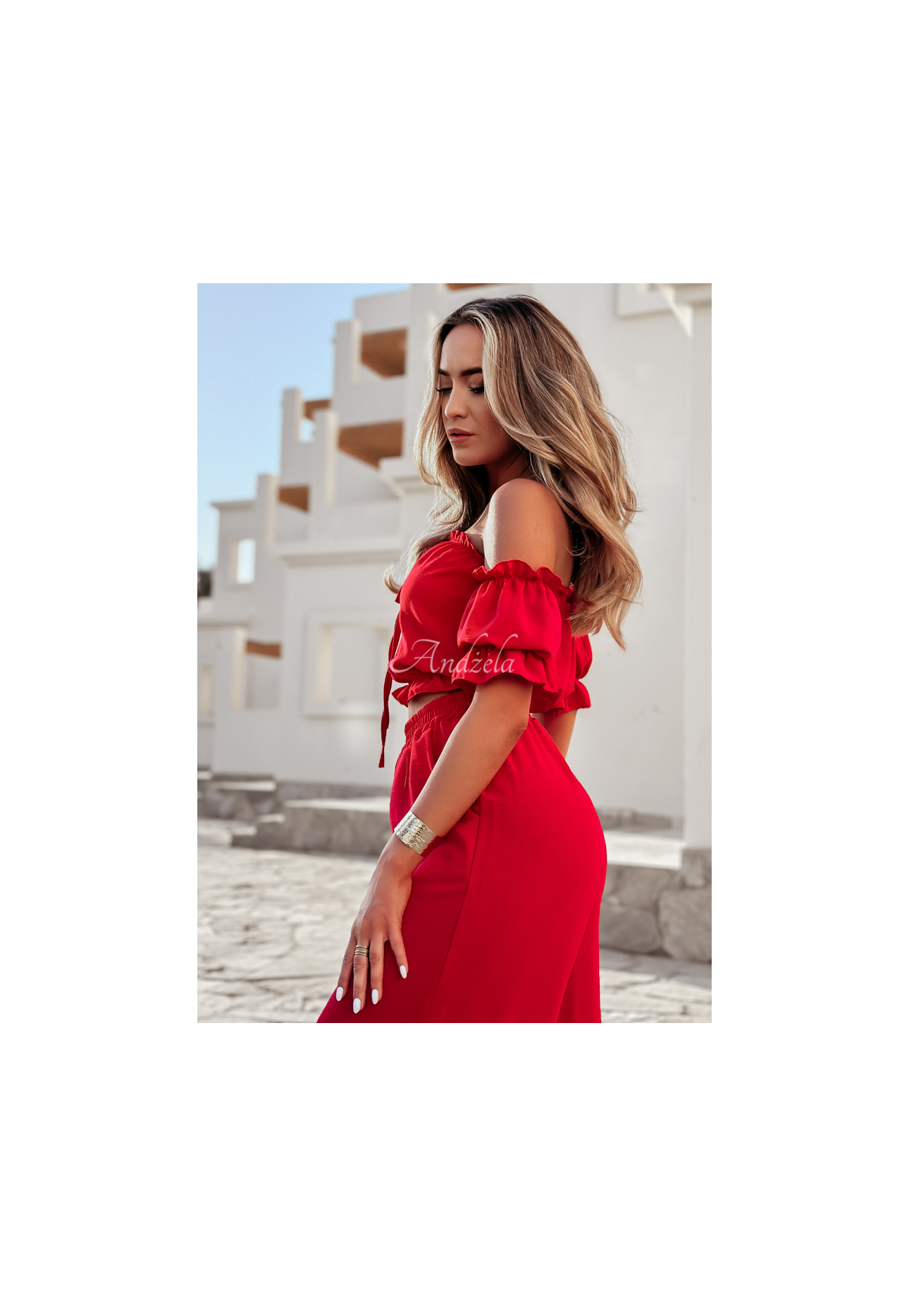 Set of Spanish blouse and wide leg pants Sublime Waves red