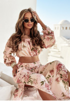 Długi kwiecisty kombinezon wide leg Azalea Avenue beżowy