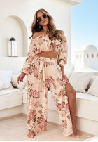 Długi kwiecisty kombinezon wide leg Azalea Avenue beżowy