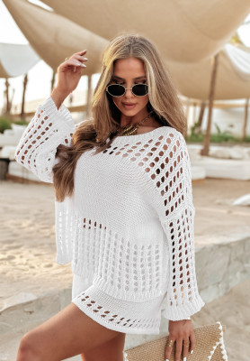 Dzianinowy komplet sweter i krótkie spodenki boho Sunrise Palm biały
