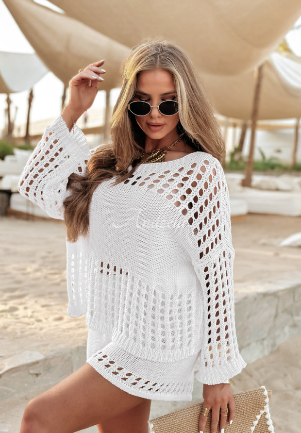 Knitted set sweater and short shorts boho Sunrise Palm white