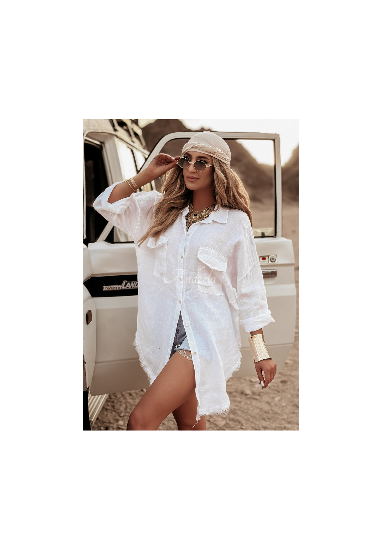 Long linen shirt with pockets Take A Trip ecru