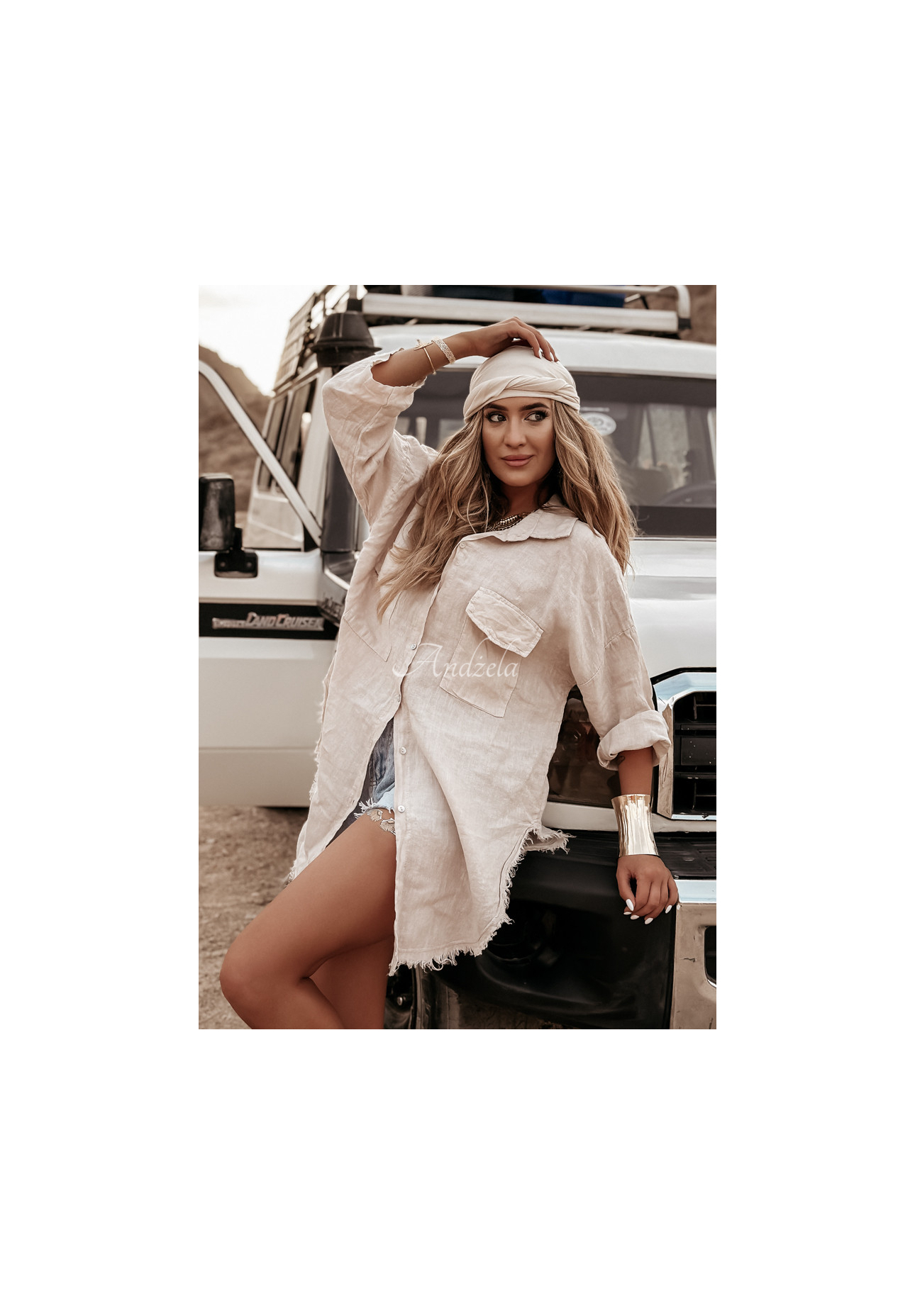 Long linen shirt with pockets Take A Trip beige