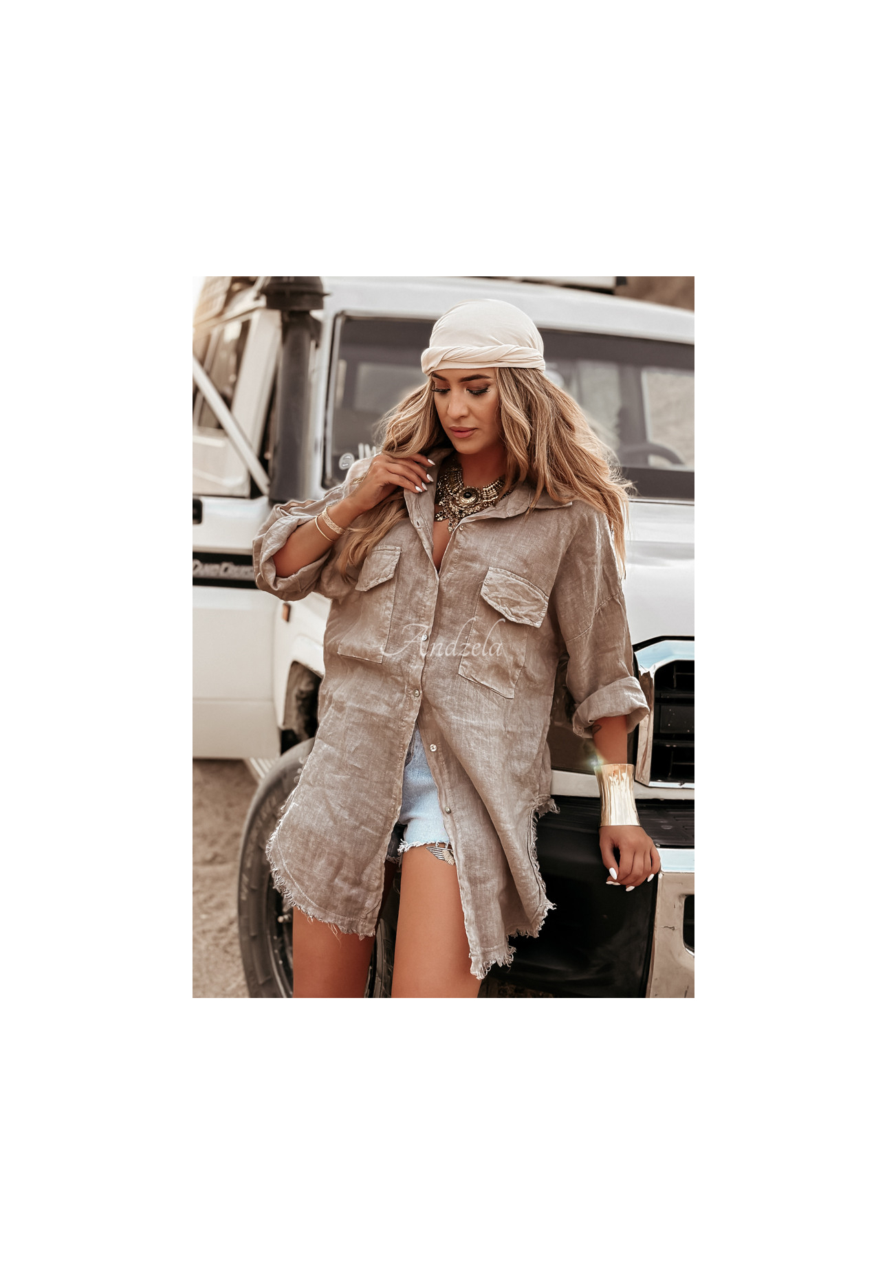 Long linen shirt with pockets Take A Trip mocha