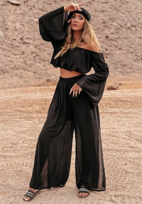 Komplet bluzka hiszpanka i spodnie wide leg Pyramid Delights czarny