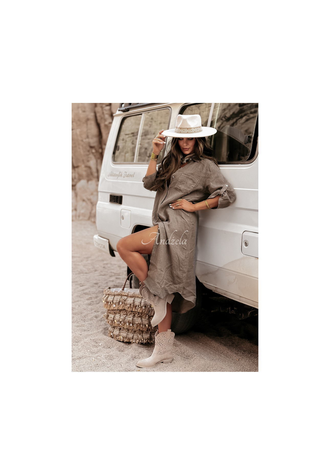 Linen shirt dress with pocket Palm Tree mocha