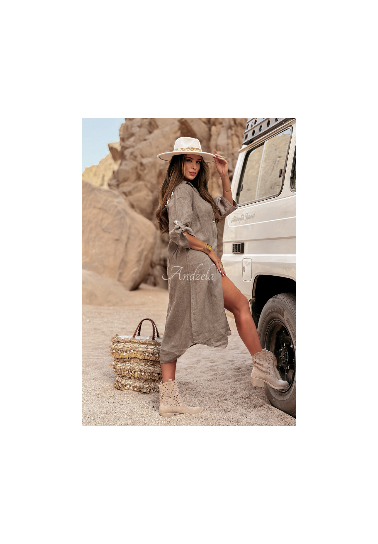 Linen shirt dress with pocket Palm Tree mocha