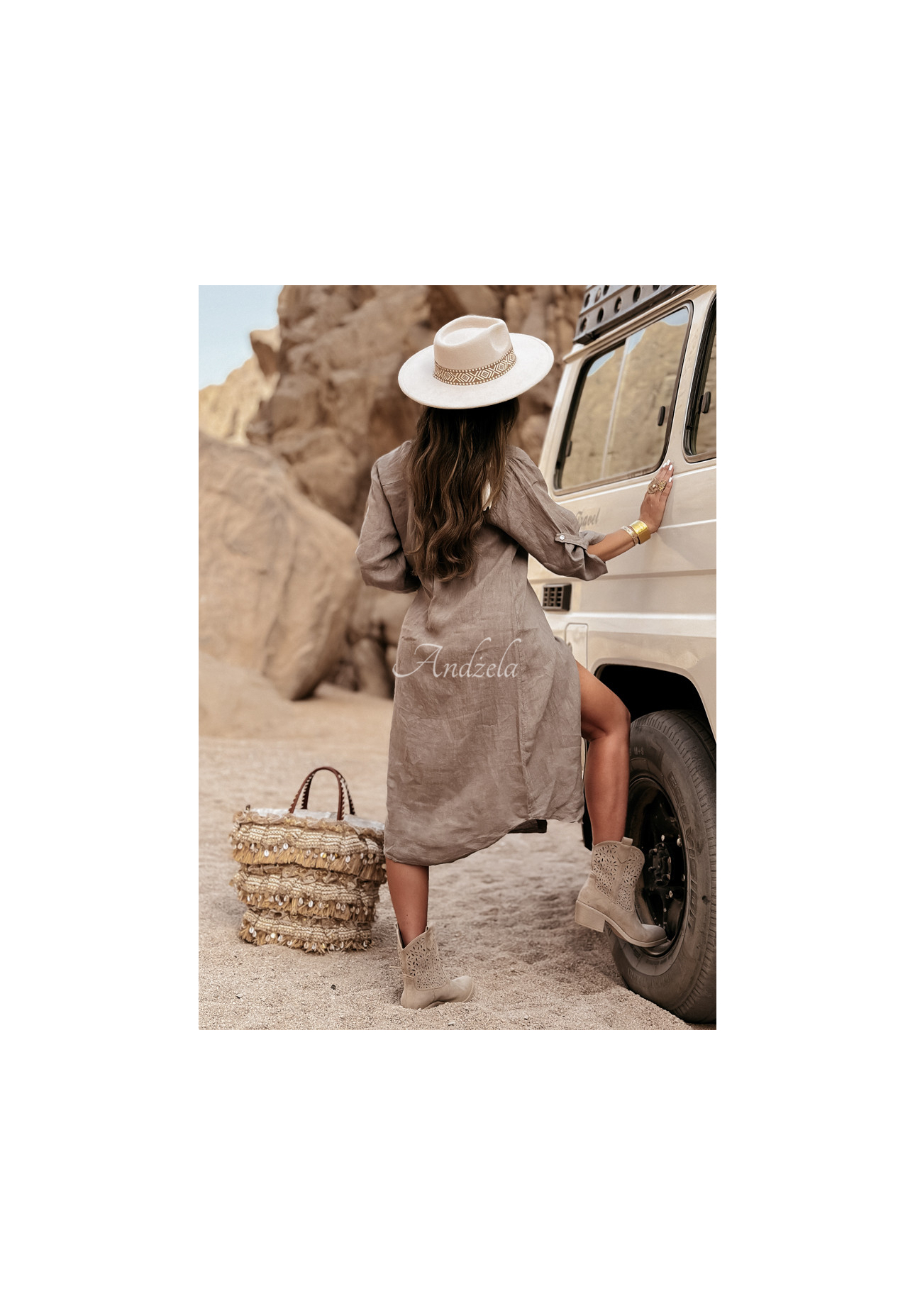 Linen shirt dress with pocket Palm Tree mocha