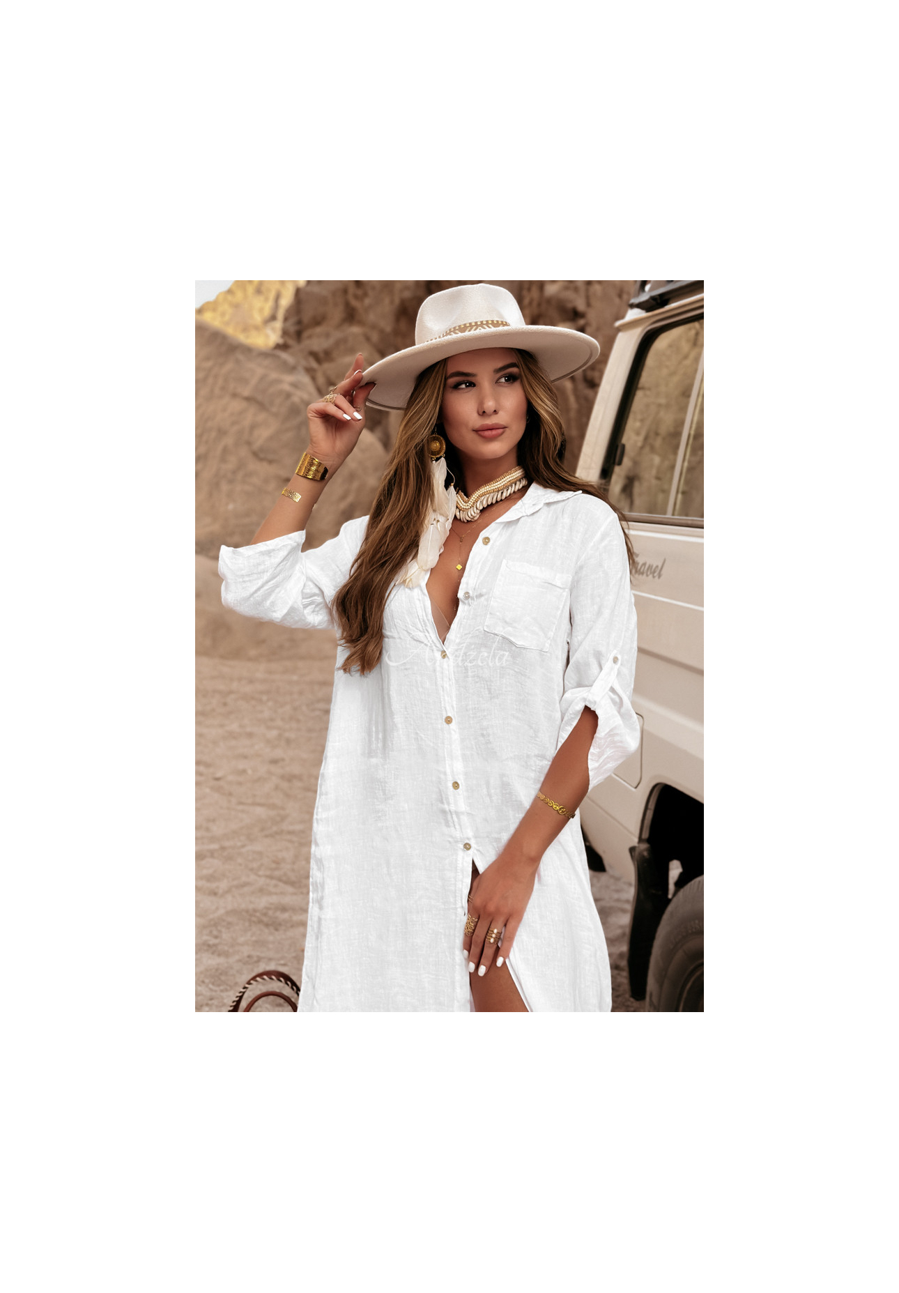 Linen shirt dress with pocket Palm Tree white
