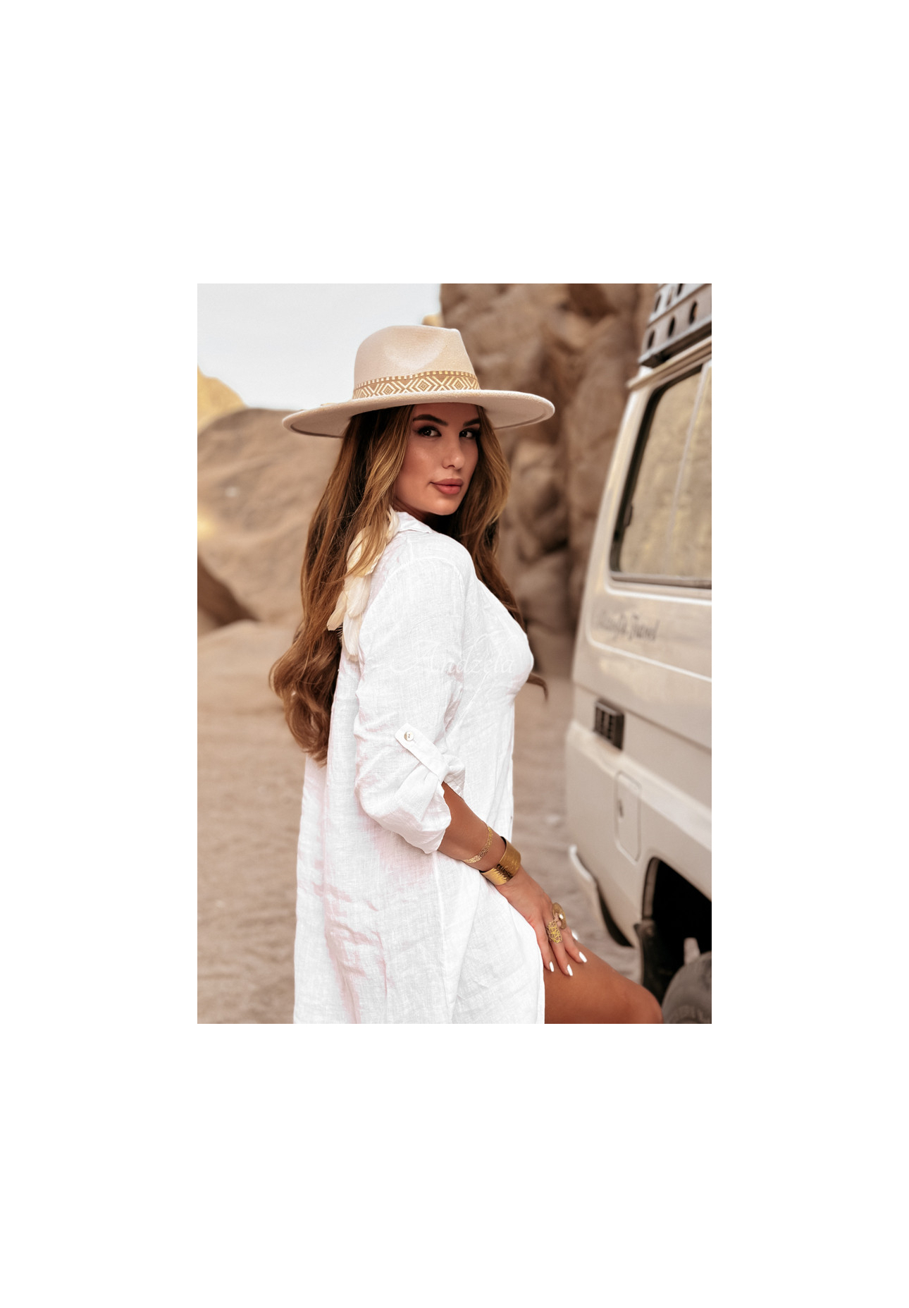 Linen shirt dress with pocket Palm Tree white