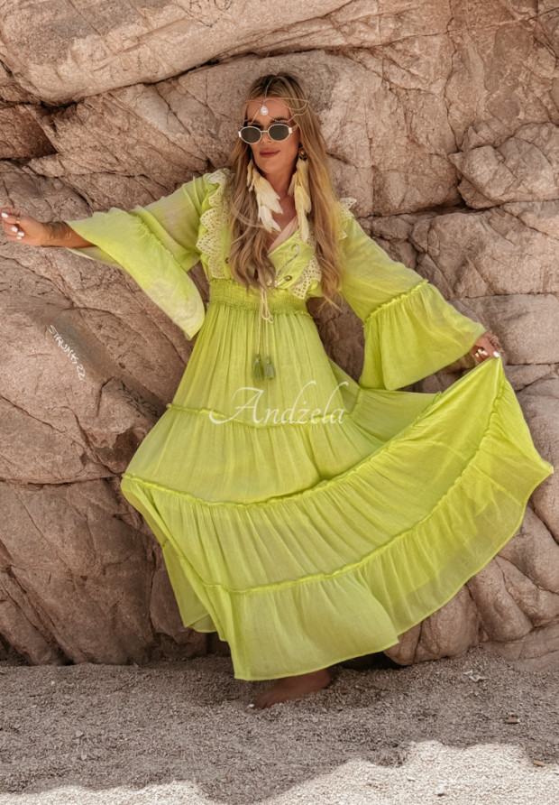 Sukienka maxi z falbankami Playa Rio Verde limonkowa