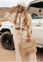 Materiałowe spodnie wide leg Getting Better beżowe