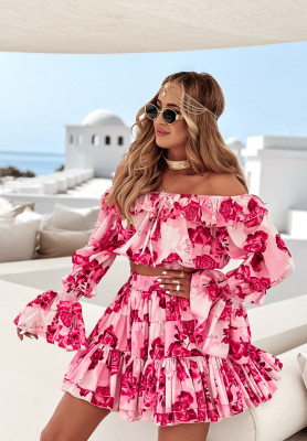 Floral set of blouse and skirt-shorts with frills Paradise Babe pink