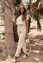 Lniany komplet T-shirt i spodnie Summer In Us beżowy